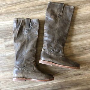 Frye Leather Flat Riding Boots Stamped Logo Braide